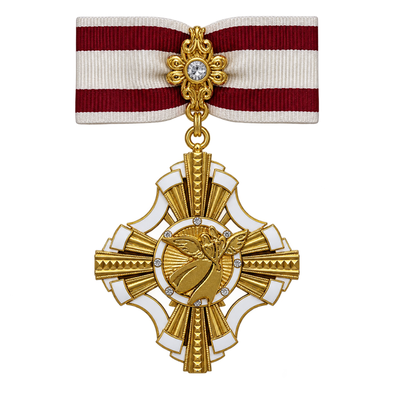 Відзнака «Орден Кохання» крупним планом: позолочений знак з янголом, білою емаллю і каменями Swarovski на біло-бордовій муаровій стрічці