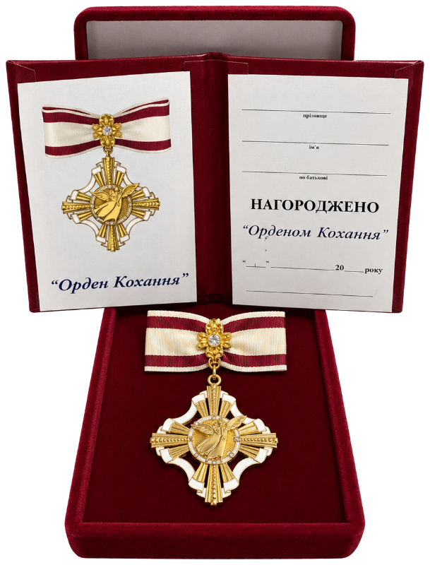 Набір «Орден Кохання»: медаль у відкритому червоному оксамитовому футлярі та розгорнуте посвідчення